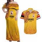 Queensland Papua New Guinea Custom Couples Matching Off Shoulder Maxi Dress and Hawaiian Shirt All Gold Pacific PNG Tribal Style