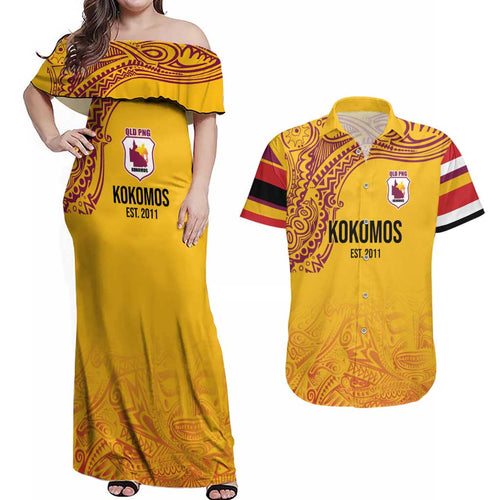 Queensland Papua New Guinea Custom Couples Matching Off Shoulder Maxi Dress and Hawaiian Shirt All Gold Pacific PNG Tribal Style