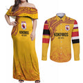Queensland Papua New Guinea Custom Couples Matching Off Shoulder Maxi Dress and Long Sleeve Button Shirt All Gold Pacific PNG Tribal Style