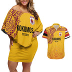 Queensland Papua New Guinea Custom Couples Matching Off Shoulder Short Dress and Hawaiian Shirt All Gold Pacific PNG Tribal Style