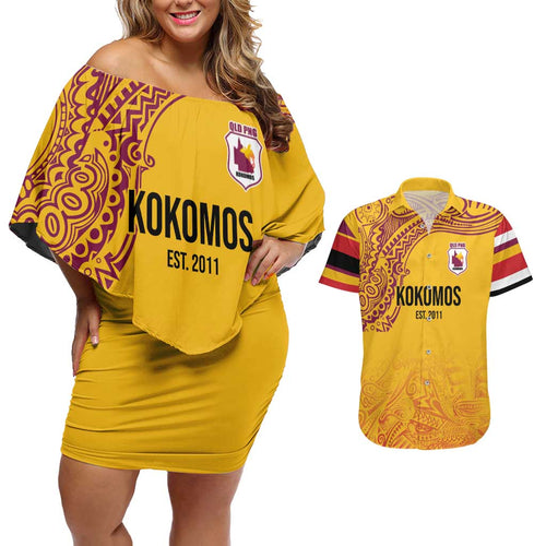 Queensland Papua New Guinea Custom Couples Matching Off Shoulder Short Dress and Hawaiian Shirt All Gold Pacific PNG Tribal Style