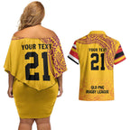 Queensland Papua New Guinea Custom Couples Matching Off Shoulder Short Dress and Hawaiian Shirt All Gold Pacific PNG Tribal Style
