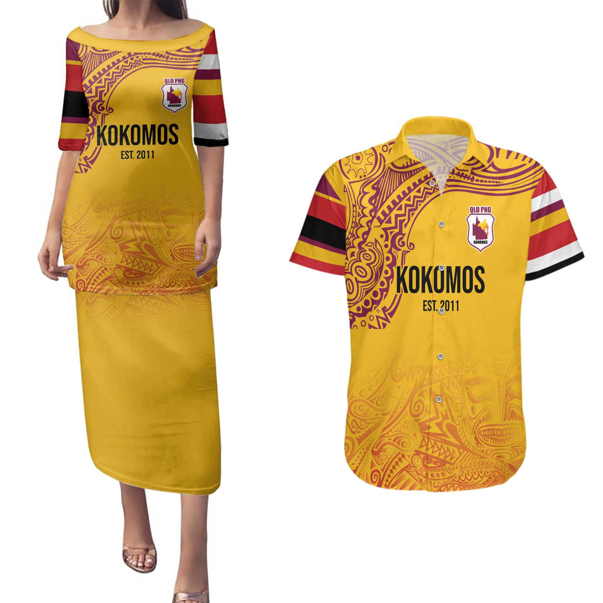 Queensland Papua New Guinea Custom Couples Matching Puletasi and Hawaiian Shirt All Gold Pacific PNG Tribal Style