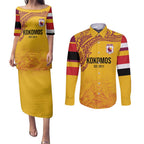 Queensland Papua New Guinea Custom Couples Matching Puletasi and Long Sleeve Button Shirt All Gold Pacific PNG Tribal Style