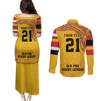 Queensland Papua New Guinea Custom Couples Matching Puletasi and Long Sleeve Button Shirt All Gold Pacific PNG Tribal Style