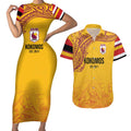 Queensland Papua New Guinea Custom Couples Matching Short Sleeve Bodycon Dress and Hawaiian Shirt All Gold Pacific PNG Tribal Style