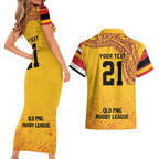 Queensland Papua New Guinea Custom Couples Matching Short Sleeve Bodycon Dress and Hawaiian Shirt All Gold Pacific PNG Tribal Style