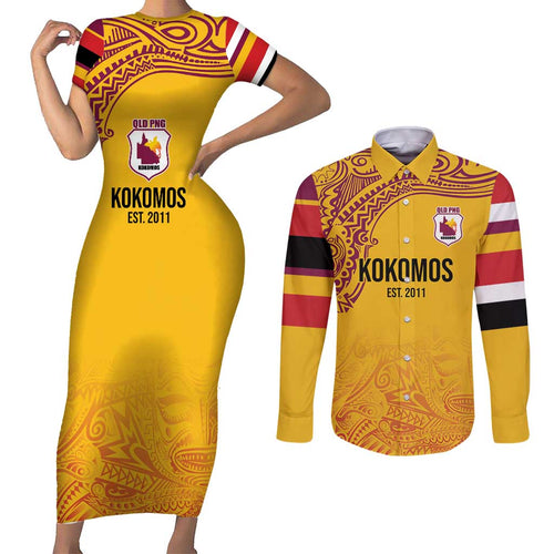 Queensland Papua New Guinea Custom Couples Matching Short Sleeve Bodycon Dress and Long Sleeve Button Shirt All Gold Pacific PNG Tribal Style