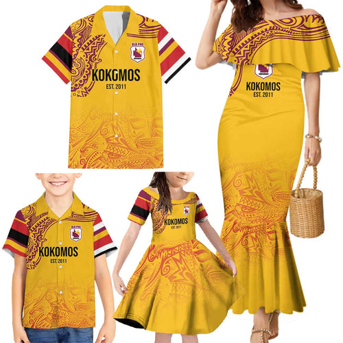Queensland Papua New Guinea Custom Family Matching Mermaid Dress and Hawaiian Shirt All Gold Pacific PNG Tribal Style