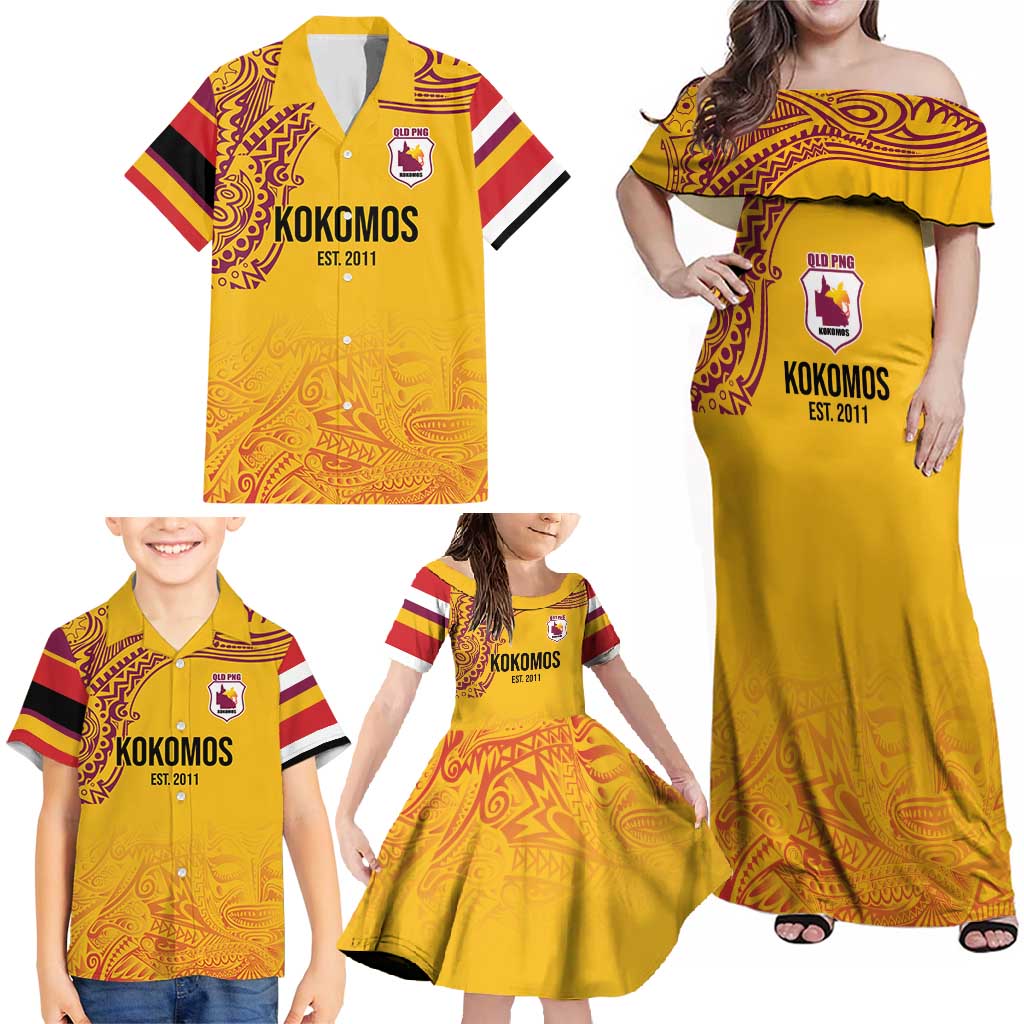Queensland Papua New Guinea Custom Family Matching Off Shoulder Maxi Dress and Hawaiian Shirt All Gold Pacific PNG Tribal Style