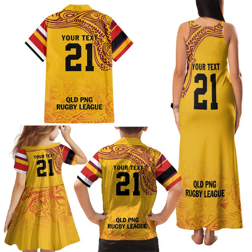Queensland Papua New Guinea Custom Family Matching Tank Maxi Dress and Hawaiian Shirt All Gold Pacific PNG Tribal Style