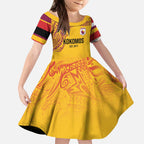 Queensland Papua New Guinea Custom Kid Short Sleeve Dress All Gold Pacific PNG Tribal Style