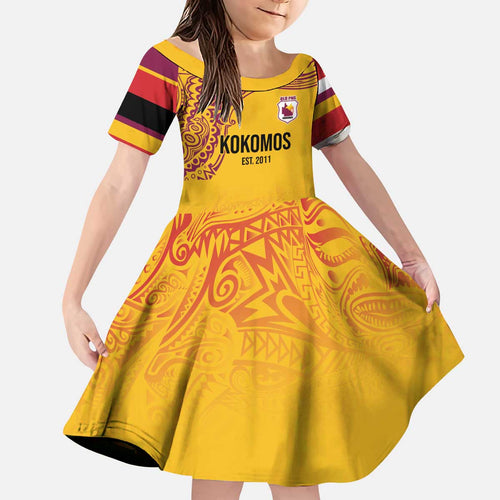 Queensland Papua New Guinea Custom Kid Short Sleeve Dress All Gold Pacific PNG Tribal Style