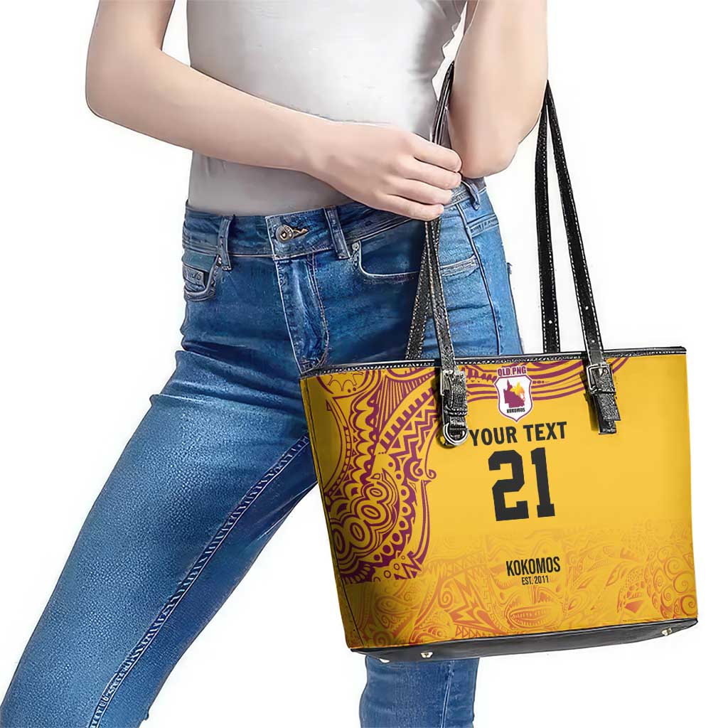 Queensland Papua New Guinea Custom Leather Tote Bag All Gold Pacific PNG Tribal Style