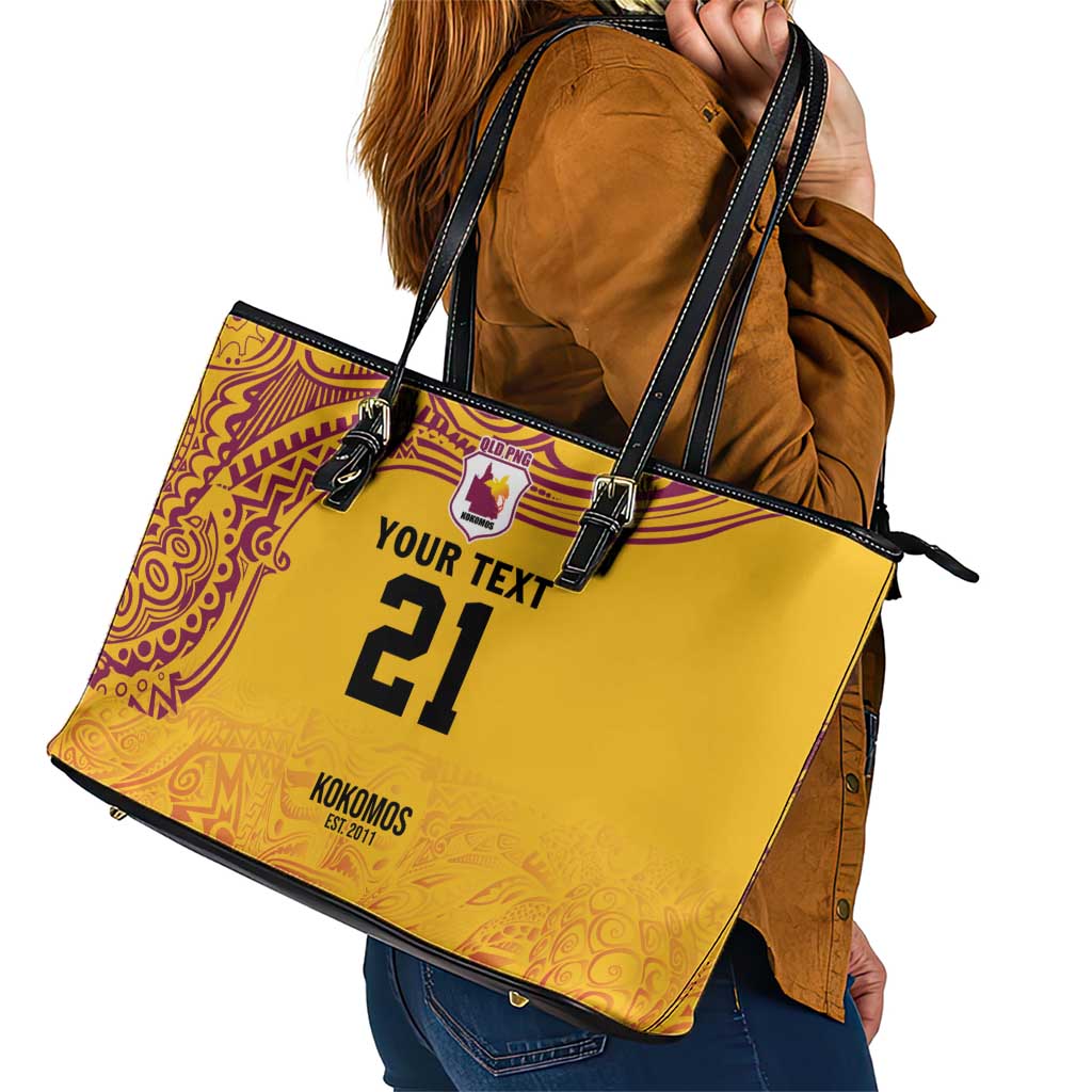 Queensland Papua New Guinea Custom Leather Tote Bag All Gold Pacific PNG Tribal Style