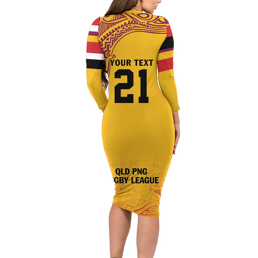 Queensland Papua New Guinea Custom Long Sleeve Bodycon Dress All Gold Pacific PNG Tribal Style