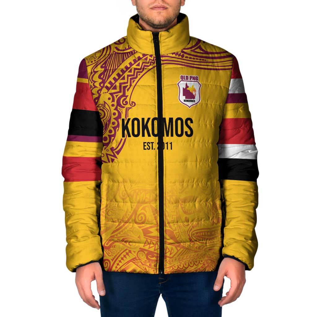 Queensland Papua New Guinea Custom Padded Jacket All Gold Pacific PNG Tribal Style - Aussie Hoodie