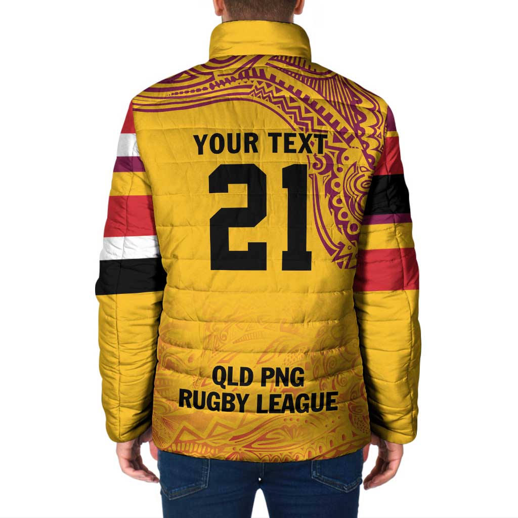 Queensland Papua New Guinea Custom Padded Jacket All Gold Pacific PNG Tribal Style - Aussie Hoodie