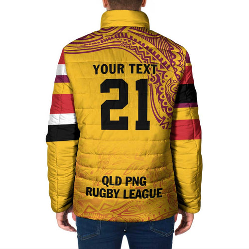 Queensland Papua New Guinea Custom Padded Jacket All Gold Pacific PNG Tribal Style - Aussie Hoodie