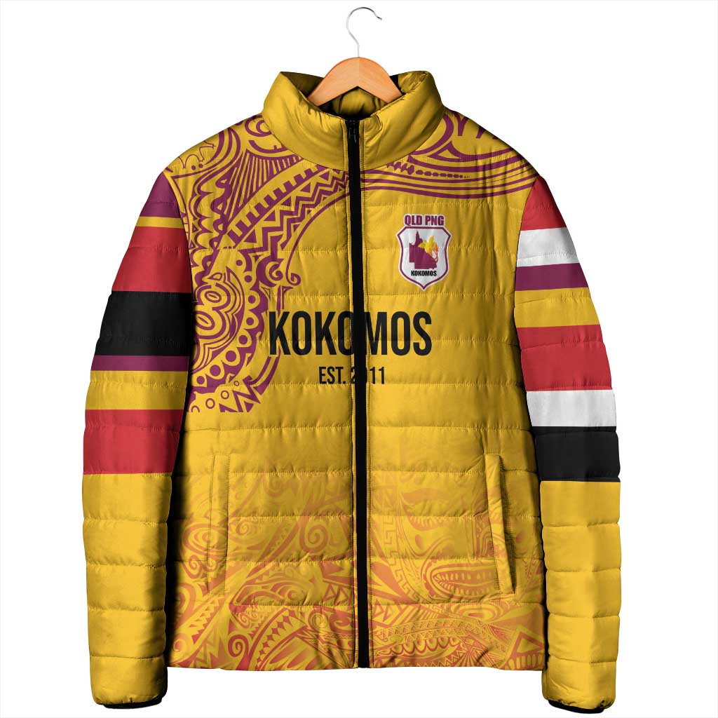 Queensland Papua New Guinea Custom Padded Jacket All Gold Pacific PNG Tribal Style - Aussie Hoodie