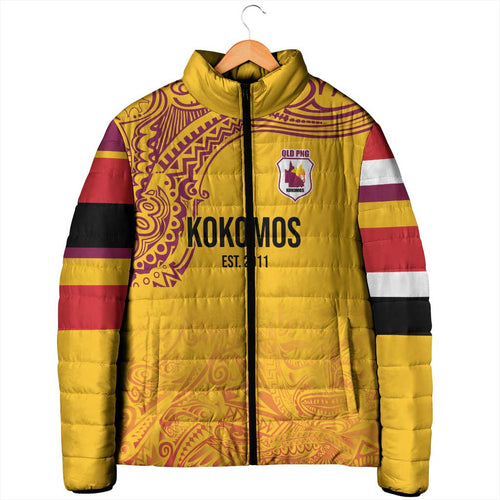 Queensland Papua New Guinea Custom Padded Jacket All Gold Pacific PNG Tribal Style - Aussie Hoodie