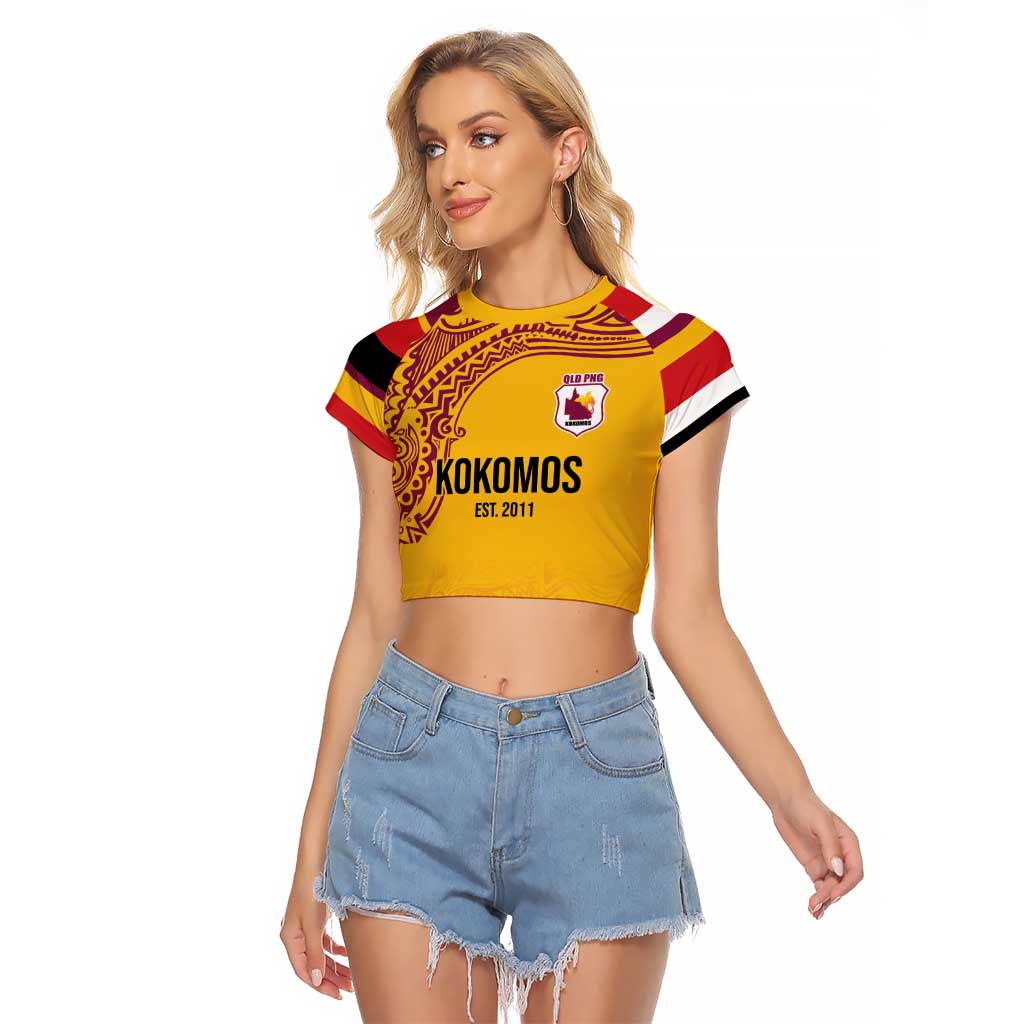 Queensland Papua New Guinea Custom Raglan Cropped T Shirt All Gold Pacific PNG Tribal Style