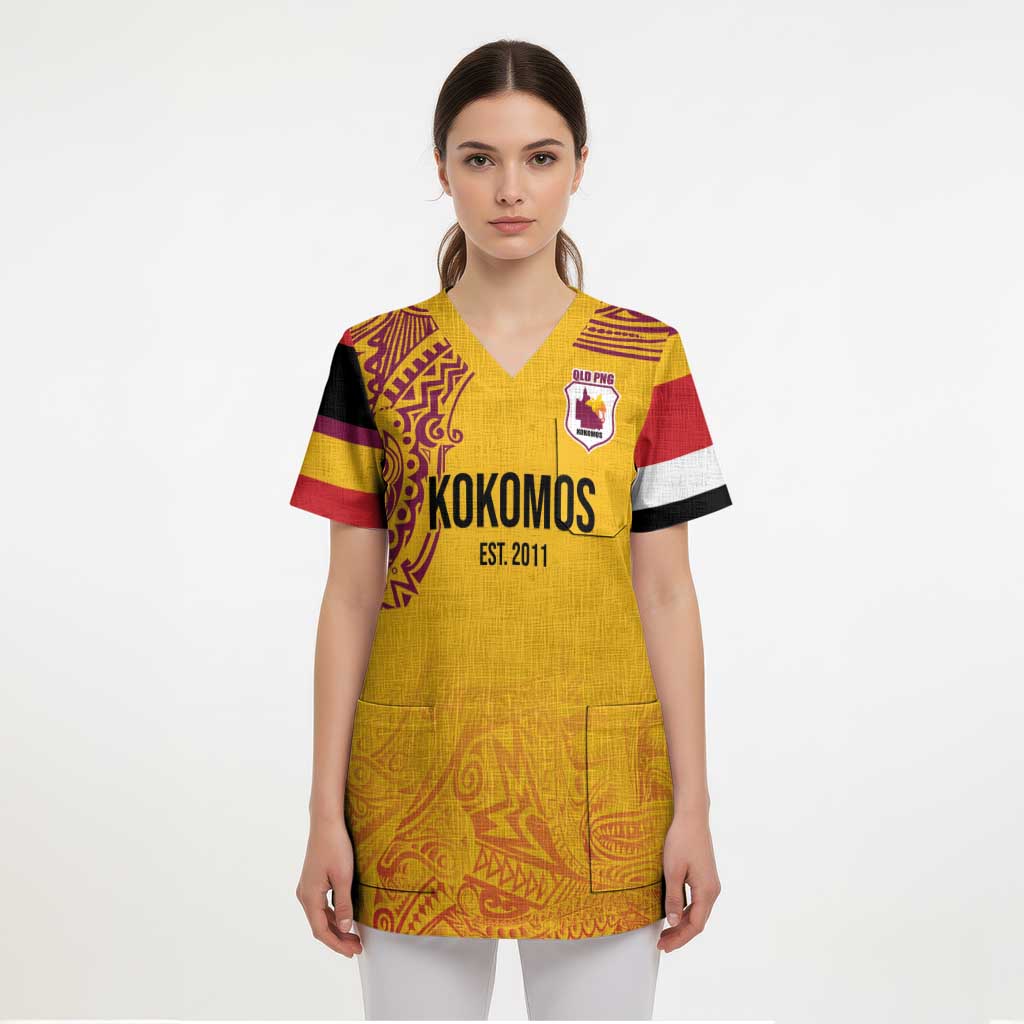 Queensland Papua New Guinea Custom Scrub Top All Gold Pacific PNG Tribal Style - Aussie Hoodie