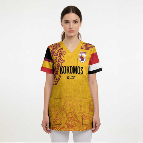 Queensland Papua New Guinea Custom Scrub Top All Gold Pacific PNG Tribal Style - Aussie Hoodie