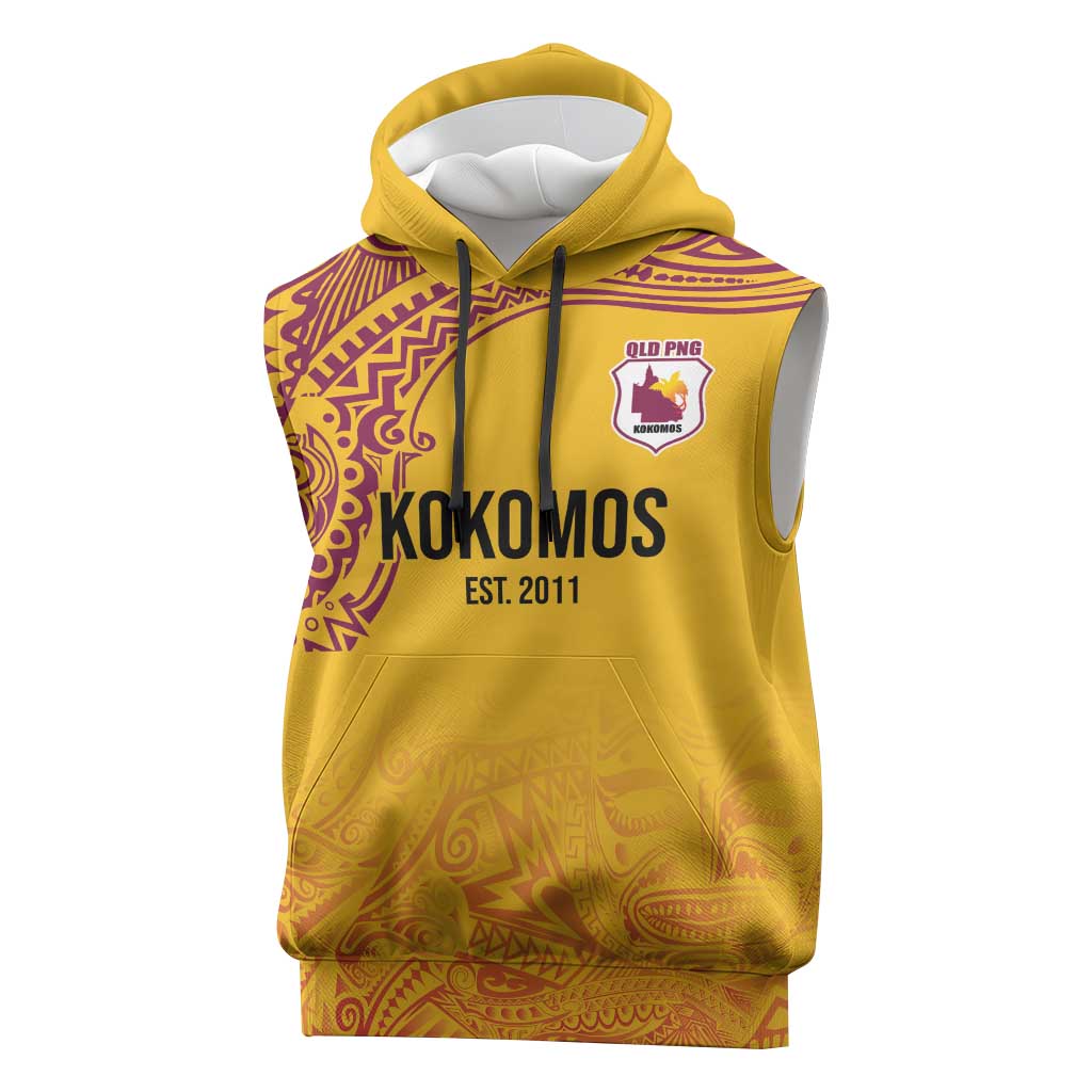 Queensland Papua New Guinea Custom Sleeveless Hoodie All Gold Pacific PNG Tribal Style - Aussie Hoodie