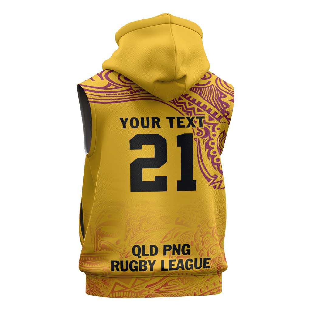Queensland Papua New Guinea Custom Sleeveless Hoodie All Gold Pacific PNG Tribal Style - Aussie Hoodie