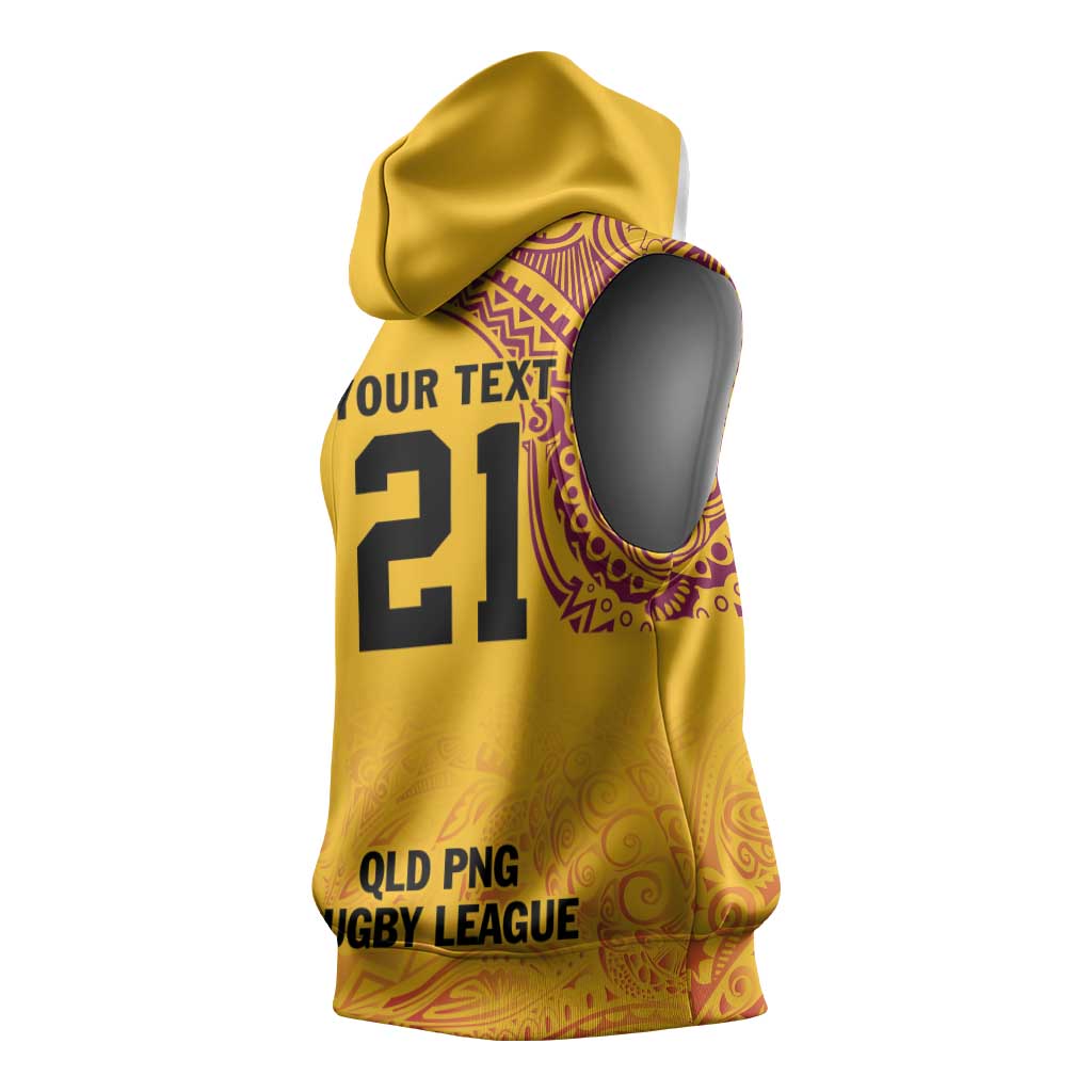 Queensland Papua New Guinea Custom Sleeveless Hoodie All Gold Pacific PNG Tribal Style - Aussie Hoodie