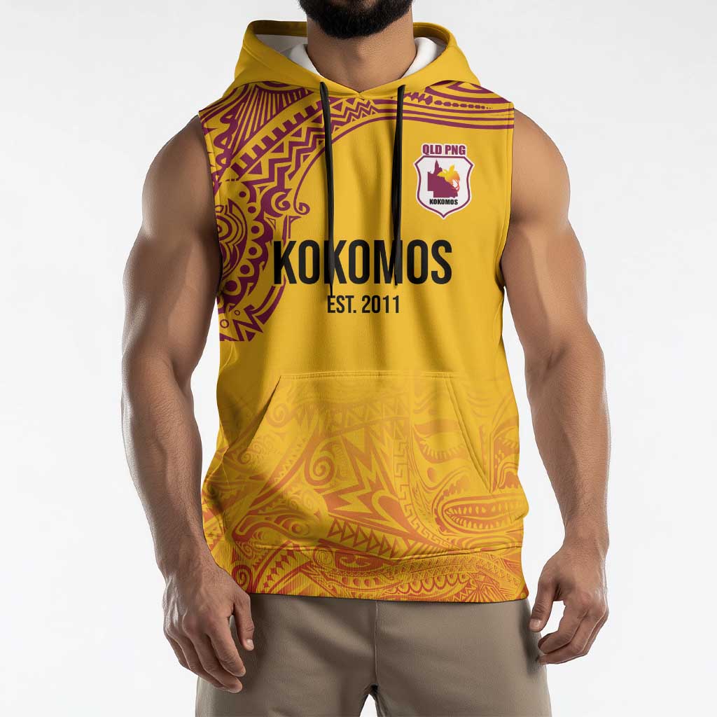 Queensland Papua New Guinea Custom Sleeveless Hoodie All Gold Pacific PNG Tribal Style - Aussie Hoodie