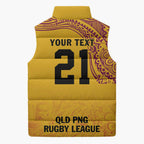 Queensland Papua New Guinea Custom Sleeveless Puffer Jacket All Gold Pacific PNG Tribal Style - Aussie Hoodie