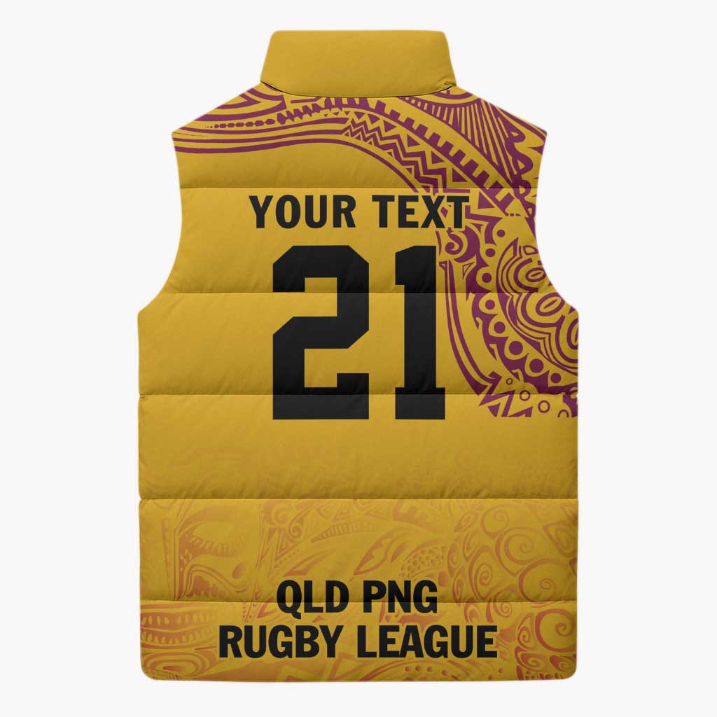 Queensland Papua New Guinea Custom Sleeveless Puffer Jacket All Gold Pacific PNG Tribal Style - Aussie Hoodie