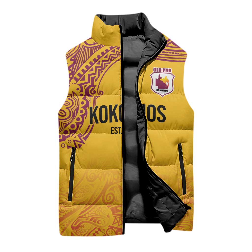 Queensland Papua New Guinea Custom Sleeveless Puffer Jacket All Gold Pacific PNG Tribal Style - Aussie Hoodie