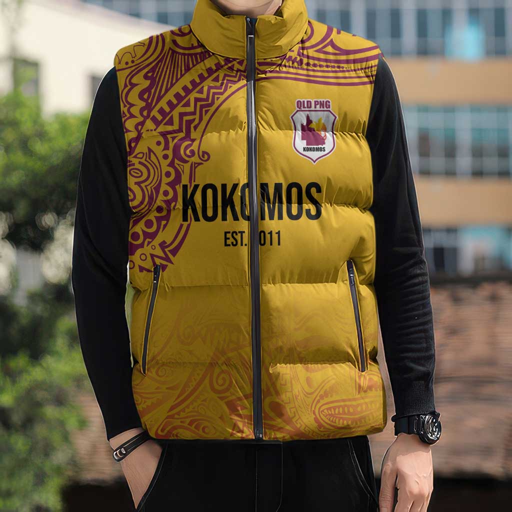 Queensland Papua New Guinea Custom Sleeveless Puffer Jacket All Gold Pacific PNG Tribal Style - Aussie Hoodie