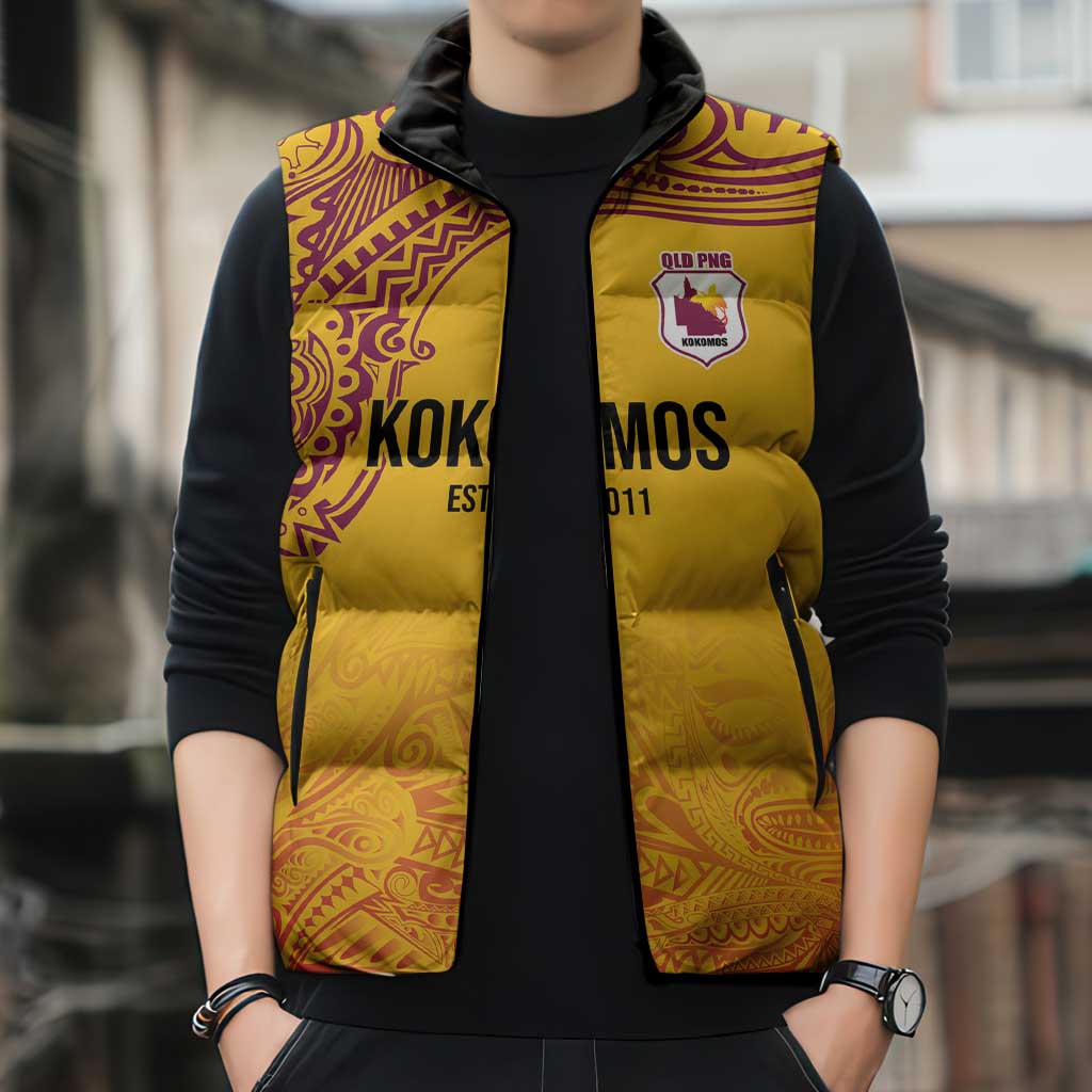 Queensland Papua New Guinea Custom Sleeveless Puffer Jacket All Gold Pacific PNG Tribal Style - Aussie Hoodie