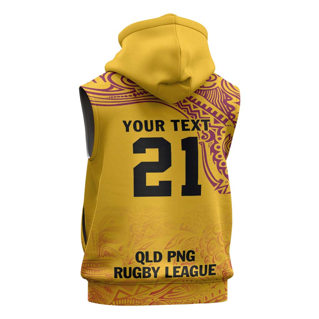 Queensland Papua New Guinea Custom Sleeveless Zip Hoodie All Gold Pacific PNG Tribal Style LT9