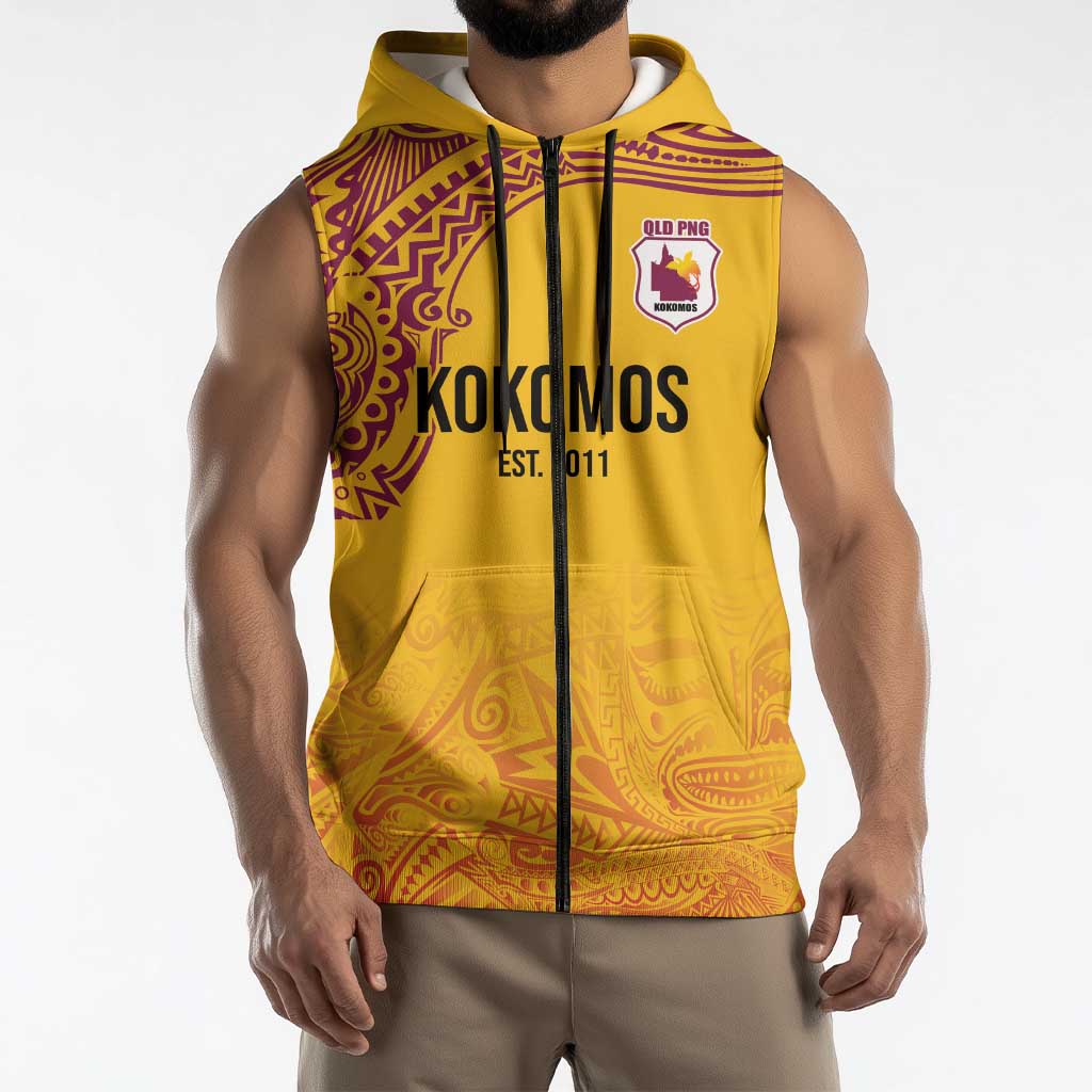 Queensland Papua New Guinea Custom Sleeveless Zip Hoodie All Gold Pacific PNG Tribal Style LT9