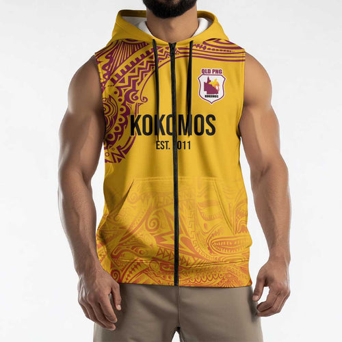 Queensland Papua New Guinea Custom Sleeveless Zip Hoodie All Gold Pacific PNG Tribal Style LT9