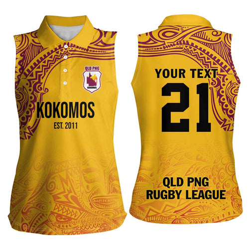 Queensland Papua New Guinea Custom Women Sleeveless Polo Shirt All Gold Pacific PNG Tribal Style