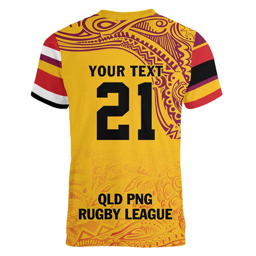 Queensland Papua New Guinea Custom Women V-Neck T-Shirt All Gold Pacific PNG Tribal Style