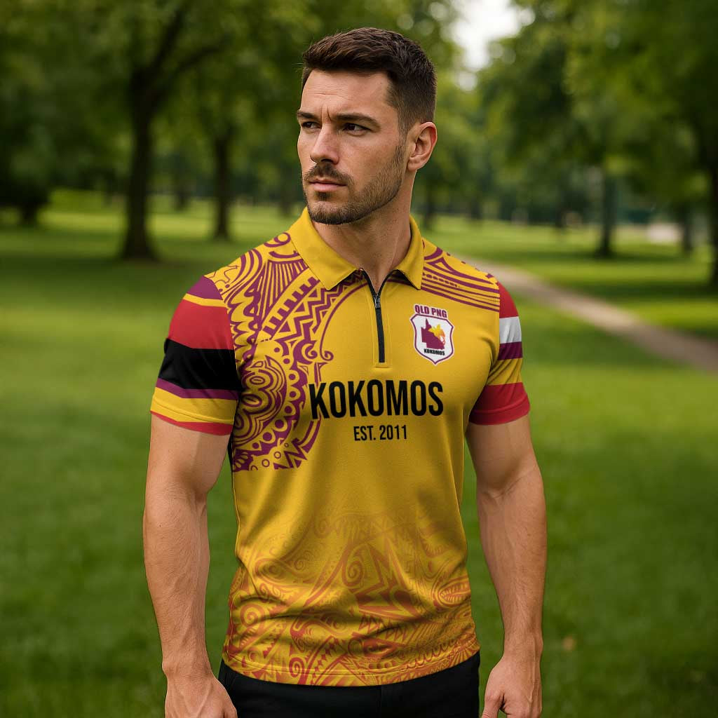Queensland Papua New Guinea Custom Zipper Polo Shirt All Gold Pacific PNG Tribal Style - Aussie Hoodie