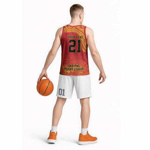 Queensland Papua New Guinea Custom Basketball Jersey All Red Pacific PNG Tribal Style - Aussie Hoodie