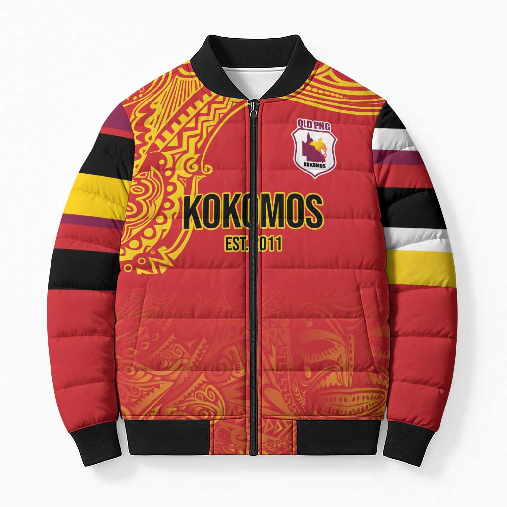 Queensland Papua New Guinea Custom Bomber Puffer Jacket All Red Pacific PNG Tribal Style - Aussie Hoodie