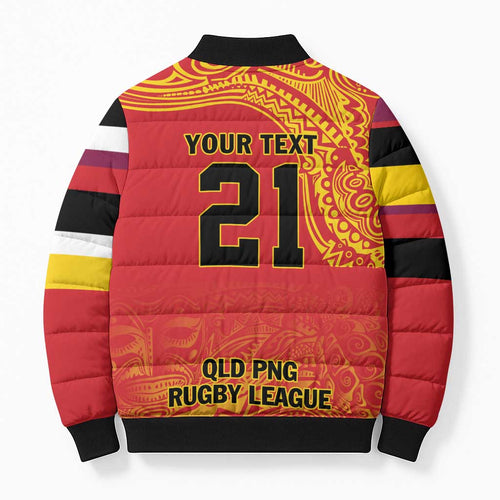 Queensland Papua New Guinea Custom Bomber Puffer Jacket All Red Pacific PNG Tribal Style - Aussie Hoodie