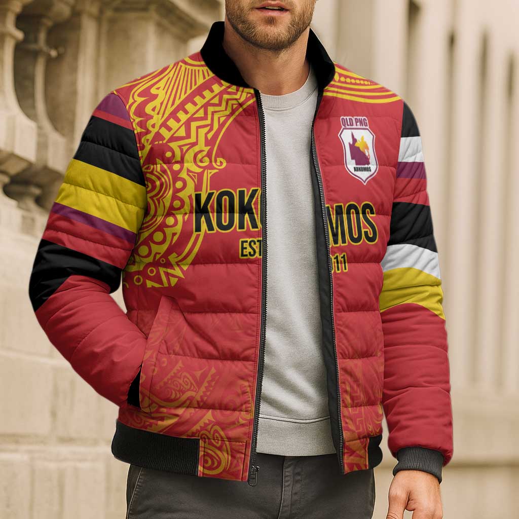 Queensland Papua New Guinea Custom Bomber Puffer Jacket All Red Pacific PNG Tribal Style - Aussie Hoodie
