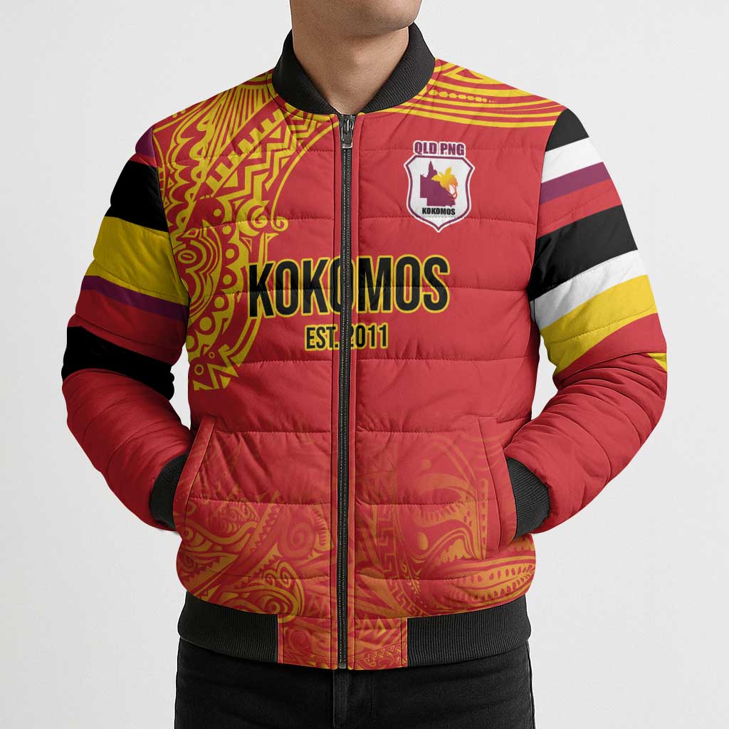 Queensland Papua New Guinea Custom Bomber Puffer Jacket All Red Pacific PNG Tribal Style - Aussie Hoodie