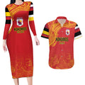 Queensland Papua New Guinea Custom Couples Matching Long Sleeve Bodycon Dress and Hawaiian Shirt All Red Pacific PNG Tribal Style