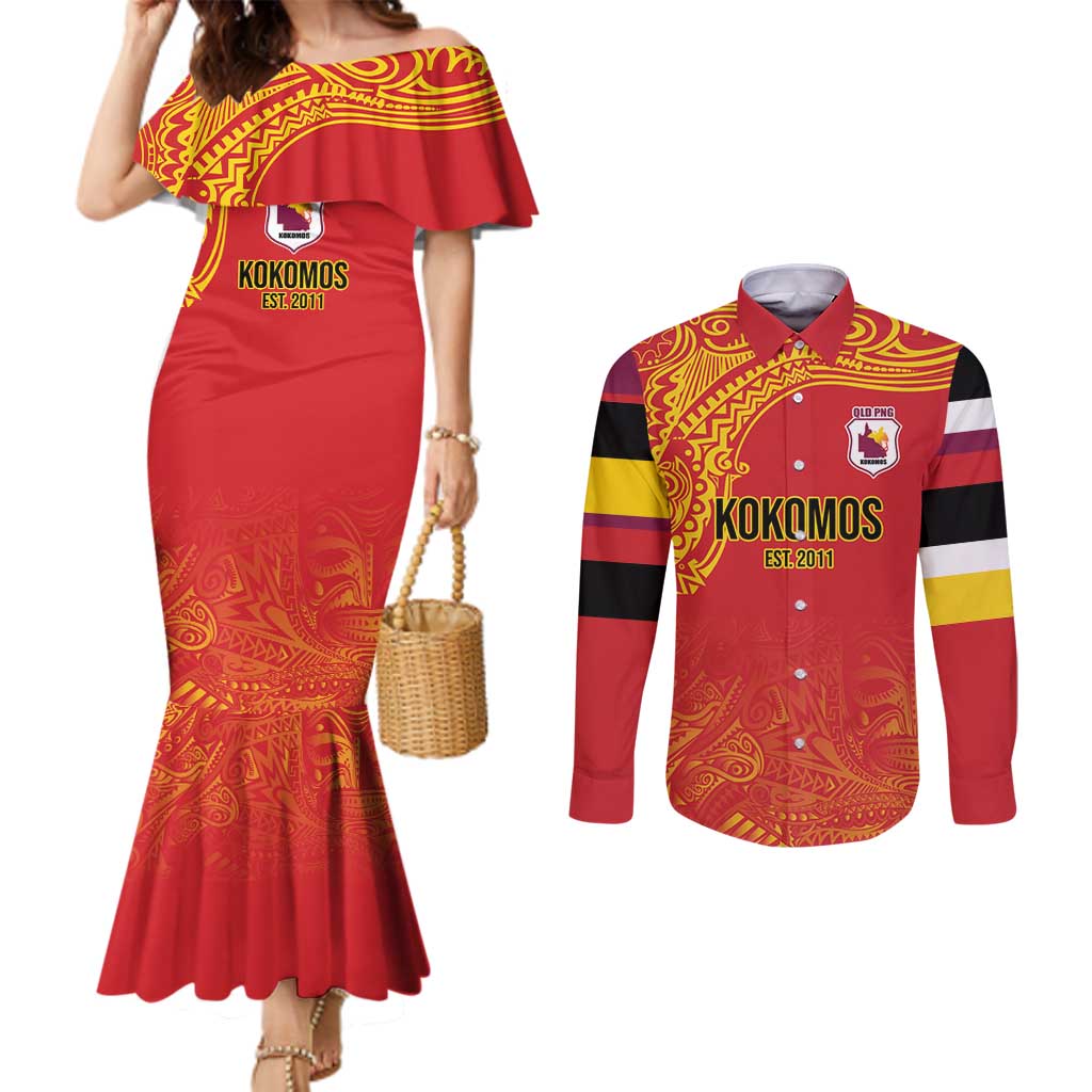 Queensland Papua New Guinea Custom Couples Matching Mermaid Dress and Long Sleeve Button Shirt All Red Pacific PNG Tribal Style